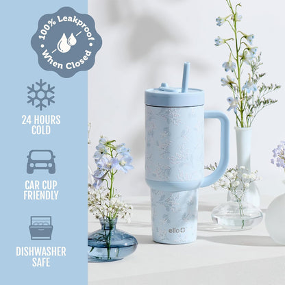 Ello Oasis 40 oz Tumbler with Handle & Retracting Straw | Reusable Insulated Stainless Steel Cup 100% Leakproof, Gifts for Teens Women Men | Keeps cold for 24 Hours, Cup Holder Friendly, Daisies