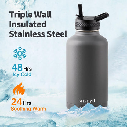 WixByti 40 oz Insulated Water Bottle with Straw (Cold for 36 Hrs), Stainless Steel Triple Wall Vacuum Sports Water Jug, Leakproof Hydro Cup Flask with Paracord Handle & Straw Spout Lids & DIY Stickers