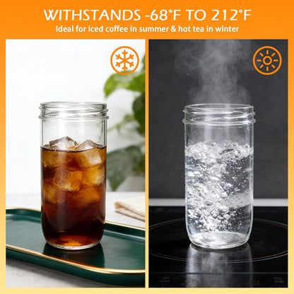 Mapoxy 6 Pack 24oz Mason Jar Cups with Lids and Straws, White Boba Cups Set, Glass Drinking Jars for Bubble Tea, Smoothie, Iced Coffee, Complete with Sleeves, Dishwasher Safe Reusable Tumbler