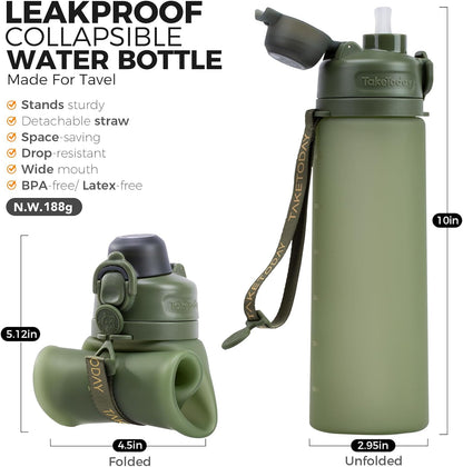 TakeToday Collapsible Water Bottles 21oz (600mL), Foldable Platinum Silicone Travel Water Bottle with Straw & Carry Strap, Leak-Resistant Screw Lid, Wide Mouth, BPA-Free for Hiking, Camping, Travel