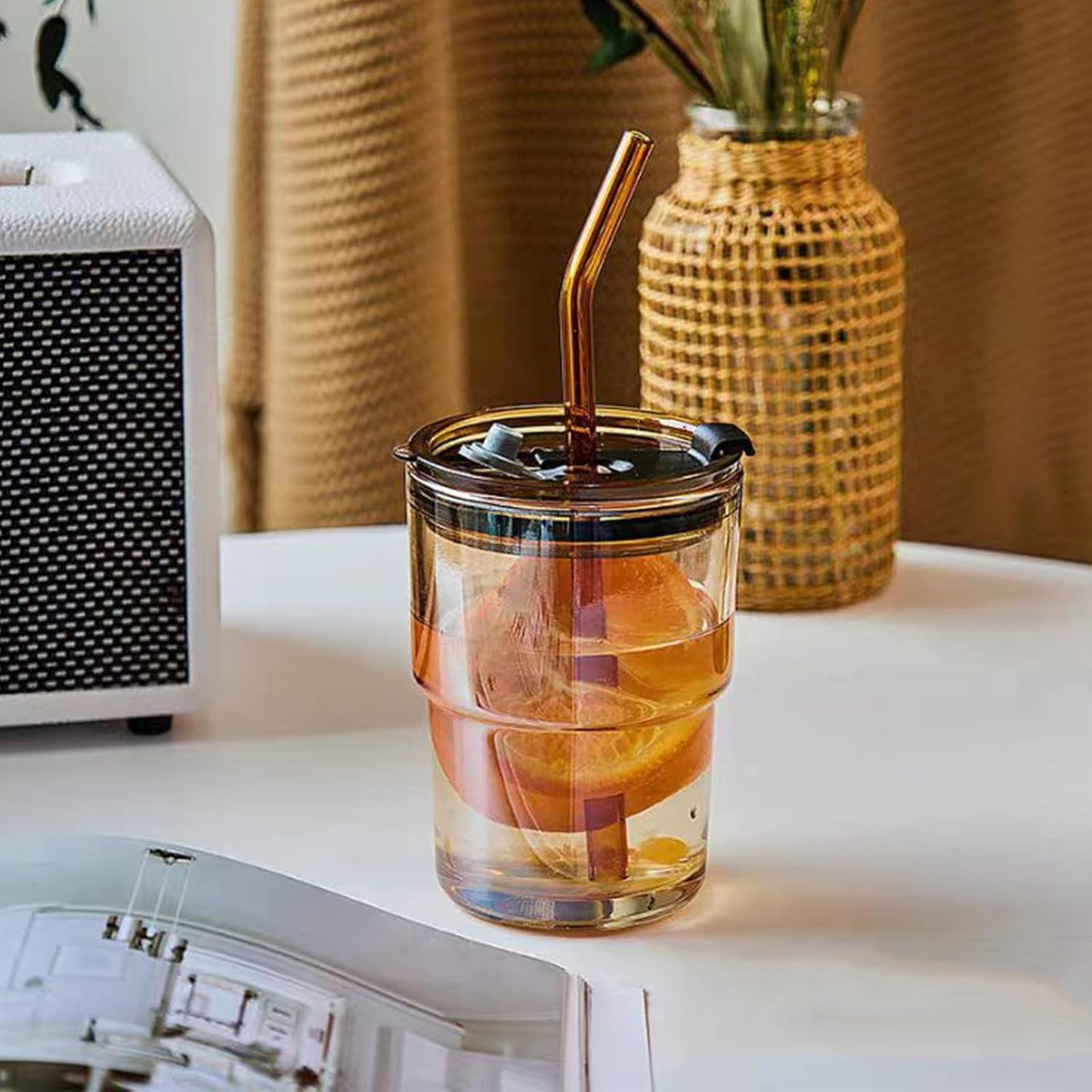 13oz Glass Tumbler with Straw and Lid Sealed, Carry On Reusable Iced Coffee Cups,Thick Wall Glass Coffee Drinking Glassware Cups