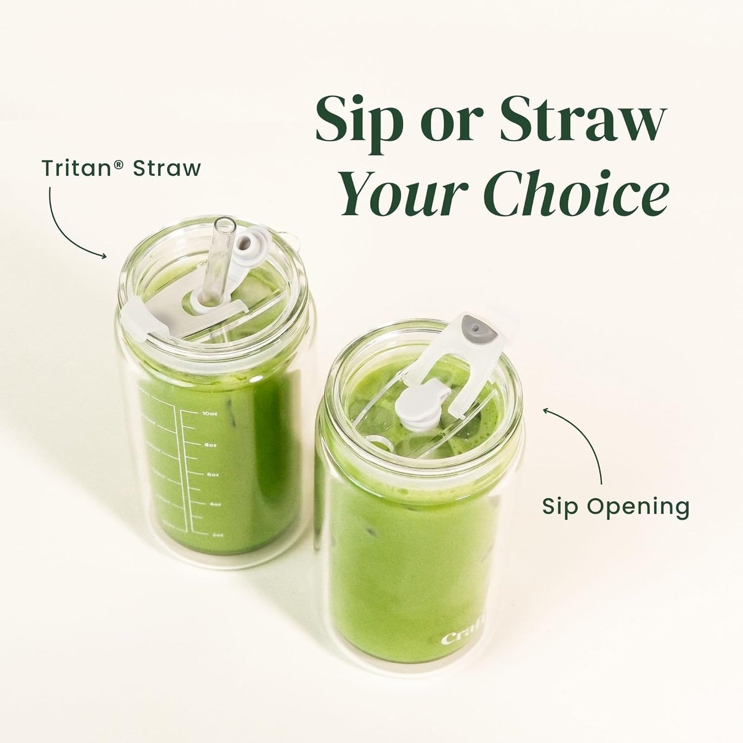 Crafti Slow Sippin' Glass Tumbler with Straw & Lid – 11.8oz / 350ml Double-Walled Glass Coffee Cup, Matcha Cup with Volume Markings, Tritan® Straw & Cleaner – Reusable, BPA-Free Iced Coffee Tumbler