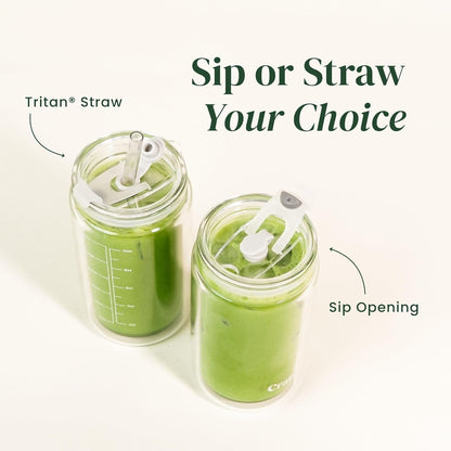 Crafti Slow Sippin' Glass Tumbler with Straw & Lid – 11.8oz / 350ml Double-Walled Glass Coffee Cup, Matcha Cup with Volume Markings, Tritan® Straw & Cleaner – Reusable, BPA-Free Iced Coffee Tumbler
