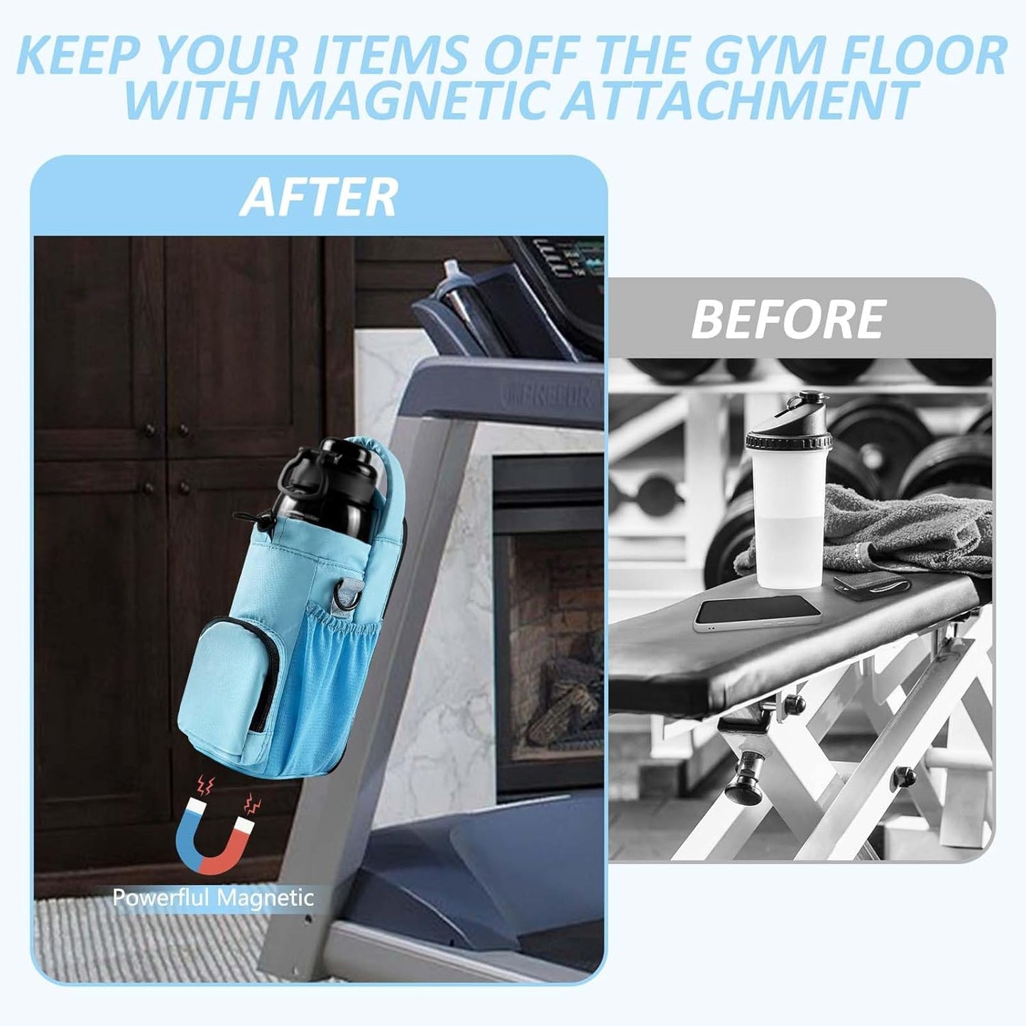 JACZZO Magnetic Gym Bag for Men and Women, Magnetic Water Bottle Holder for Gym, Small Gym Bag, Gym Gifts for Women and Men (Black, <40 OZ)
