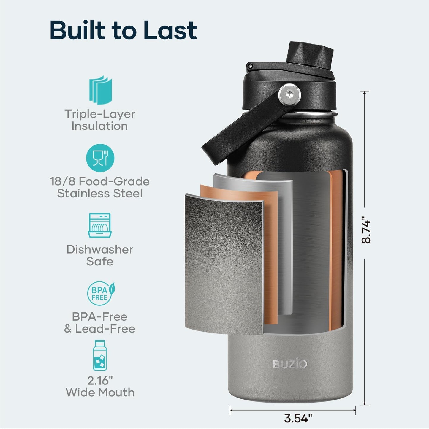 BUZIO 40oz Insulated Water Bottle, Triple Wall Vacuum Stainless Steel Water Flask with 2 lids, Lead-Free BPA-Free Straw Lid Sports Canteen Jug, Cold 48H & Hot 24H- Black - Colors B