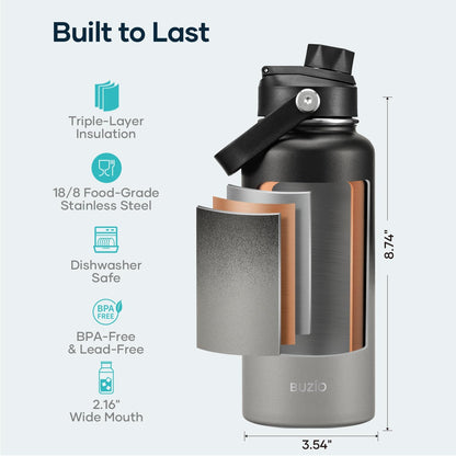 BUZIO 40oz Insulated Water Bottle, Triple Wall Vacuum Stainless Steel Water Flask with 2 lids, Lead-Free BPA-Free Straw Lid Sports Canteen Jug, Cold 48H & Hot 24H- Black - Colors B