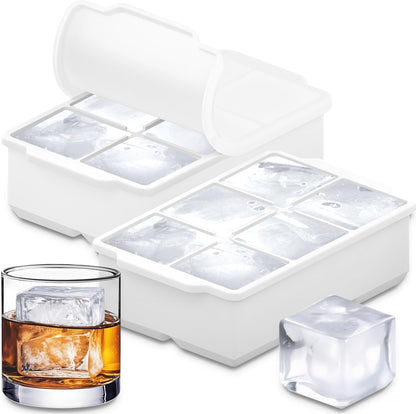 KitchFort Large Silicone Ice Cube Tray (2-Pack), Easy Release 2" Big Ice Cubes - Cocktail, Whiskey Ice Cubes Mold - Ice Trays for Freezer with Lid - Stackable Silicone Ice Tray - Black
