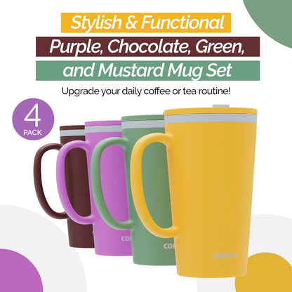 Copco Cone Desk Mug, 16 oz (Set of 4) - Double Wall Insulated Mugs with Handle, Reusable Plastic Tumblers with Twist-Off Spill Resistant Lid, BPA-Free, Microwave & Dishwasher Safe (Assorted Colors)