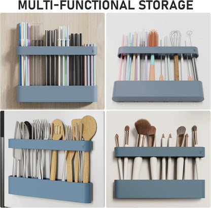 ABLY Straw Holder, reusable straw storage rack, suitable for kitchen walls, counters, cabinet doors, refrigerator doors, etc (Dark blue)