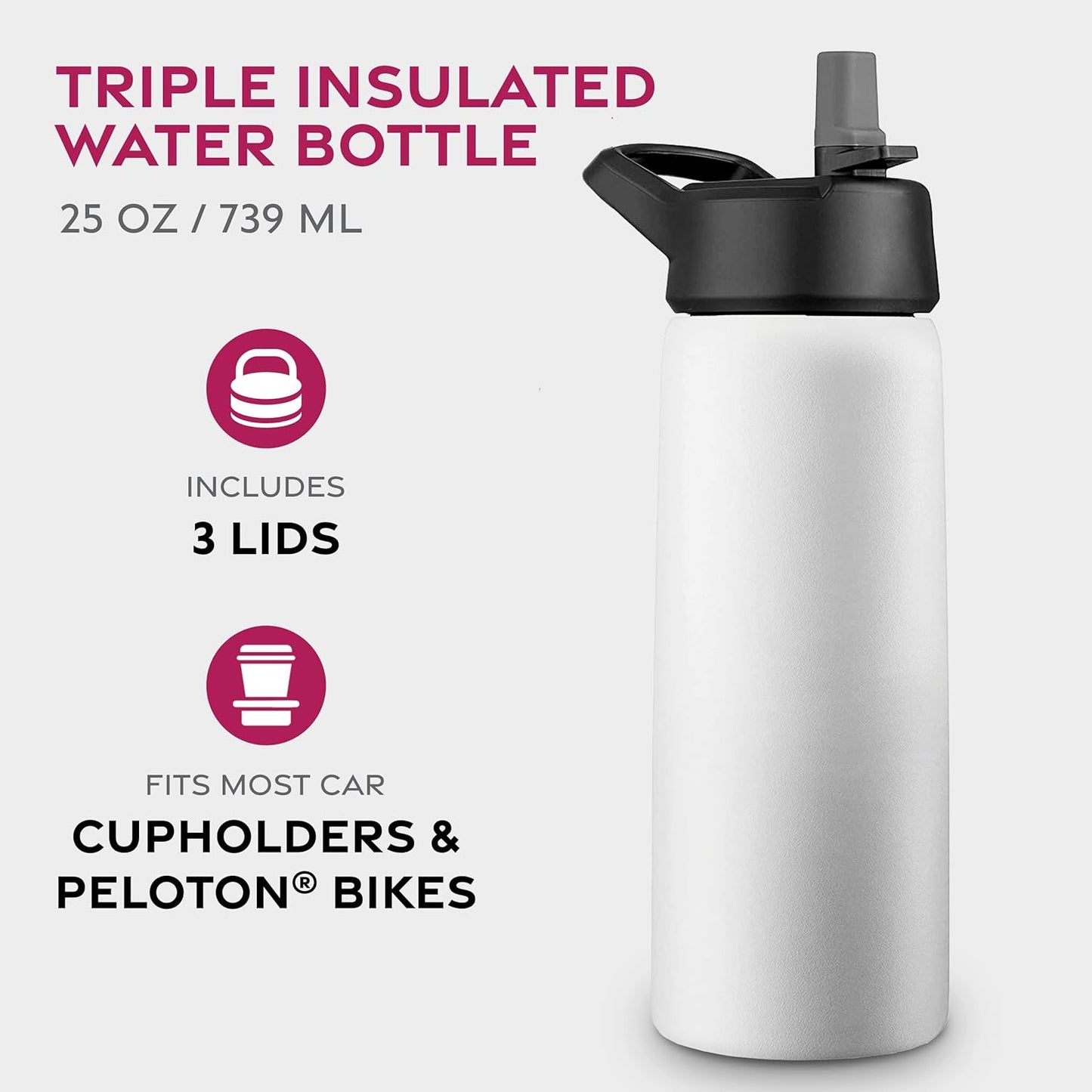 FineDine Water Bottle - Stainless Steel Insulated Water Bottle with Straw Lid, Flip Lid & Wide-Mouth Cap - Keeps Hot and Cold - 25 Oz / 739ml - Dreamy Purple