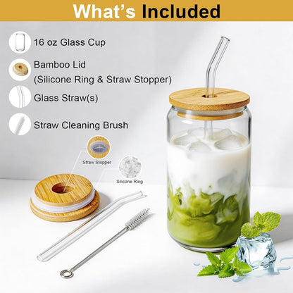 Glass Cups with Lids and Straws 1Pack,Glass Coffee Cups,Glass Cup with Lid for Iced Coffee,Smoothie,Cocktail,Beer,Whiskey,Soda,Matcha,16 Oz Glass Cup with Bamboo Lid,1 Brush