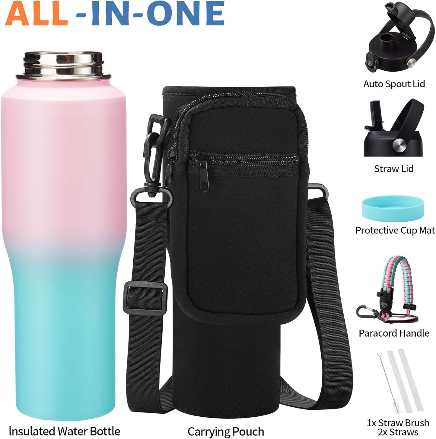 Insulated Water Bottle 40 oz - Fits in any Car Cup Holder, Keep Cold 48H Hot 24H, Stainless Steel Waterbottle Double Wall Flask with Straw, Pop-up Spout Lid, Paracord Handle, Carrier Bag