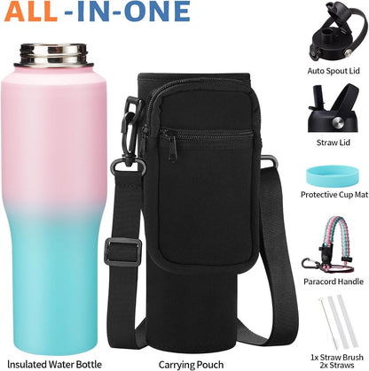 Insulated Water Bottle 40 oz - Fits in any Car Cup Holder, Keep Cold 48H Hot 24H, Stainless Steel Waterbottle Double Wall Flask with Straw, Pop-up Spout Lid, Paracord Handle, Carrier Bag