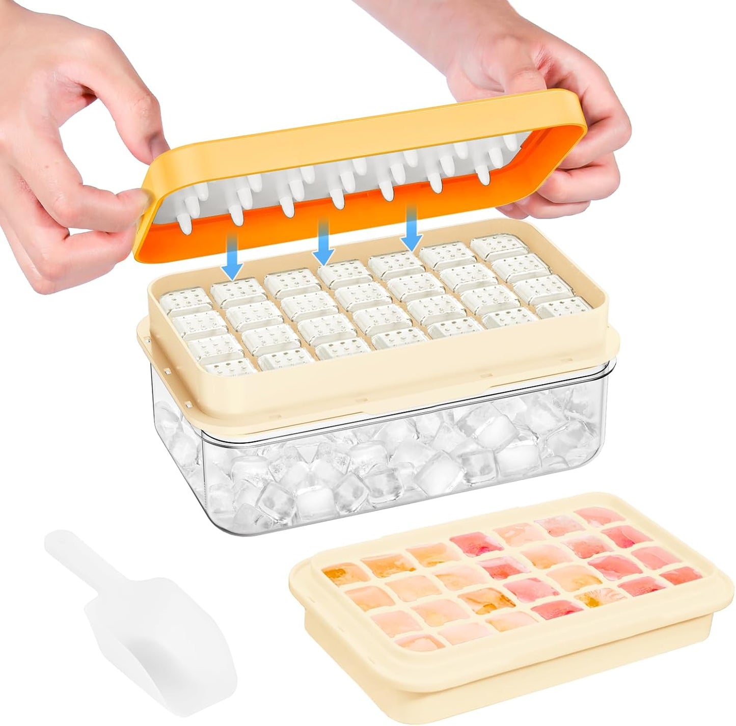 Ice Cube Tray with Lid and Bin, PHINOX 56 pcs Ice Trays for Freezer, Ice Cube Trays for Freezer with 2 trays, Container, Lid & Ice Scoop, BPA Free