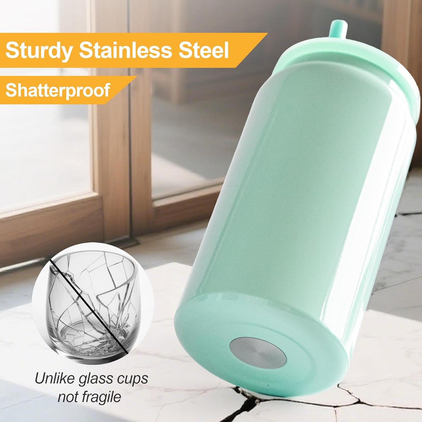 6 Pack Glass Cups with Lids and Straws Unbreakable 16 oz Stainless Steel Can Cup Double Wall Insulated Beer Can Tumbler for Iced Coffee, Juice, Soda, Matte-Colored