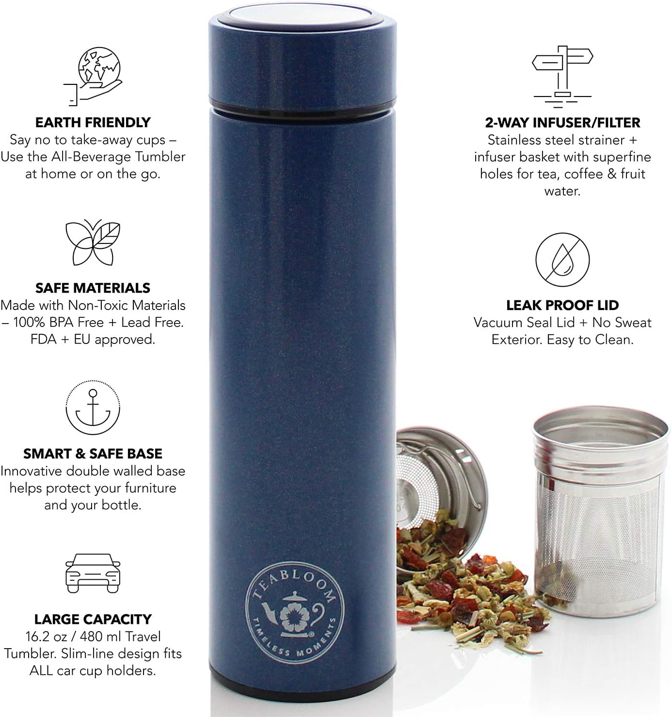 Teabloom - The ORIGINAL All-Brew Travel Tumbler & Thermos | OPRAH’s Favorite | 16oz/480ml Stainless Steel Insulated Water Bottle/Tea Flask/Cold Brew Coffee Mug