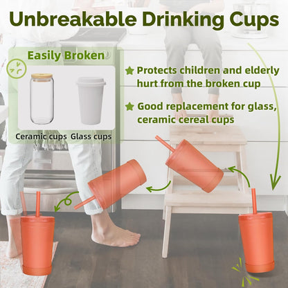 Homestockplus Reusable Wheat Straw Cups with Lids and Silicone Straws, 10 Oz Chip Resistant E-Co Friendly Small Water Cups for Milk, Drinks, Smoothies - 4 Colors