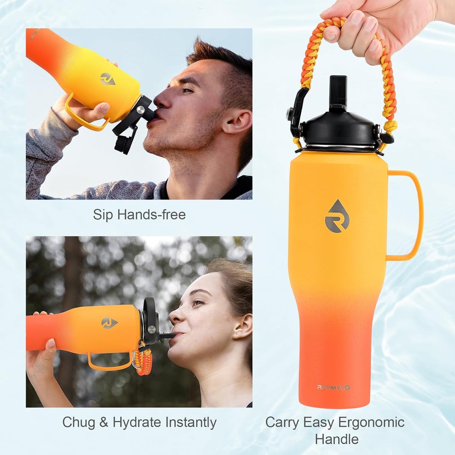 RAYMYLO 40 oz Insulated Water Bottle with Straw fit in Car Cup Holder, Triple Wall Vacuum Stainless Steel(Cold 48 hrs, Hot 24 hrs), Leakproof & Non-BPA, Hydro Travel Flask with Straw and Spout Lid