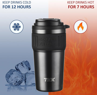 TKK Insulated Coffee Mug with Ceramic Coating, 21oz Iced Coffee Tumbler Cup with Straw Lid Double Wall Vacuum Leak Proof Travel Mug with Strap for Hot and Iced Beverage, Tungsten Steel