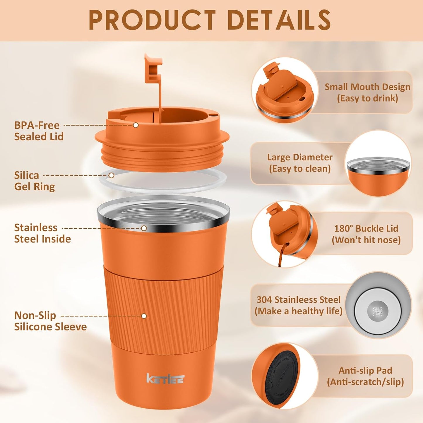 KETIEE Travel Coffee Mug Spill Proof 12oz, Insulated Travel Mug to Go, Reusable Coffee Cup with Seal Lid, Vacuum Stainless Steel Tumbler for Hot/Cold Drinks (Red)
