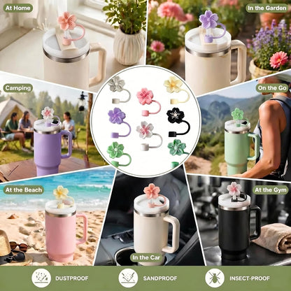 BTYHAOS Silicone Straw Caps for 10mm Tumblers | Reusable Dust-Proof Straw Toppers Compatible with Stanley 30oz & 40oz Tumblers (Purple Flower 3pc)