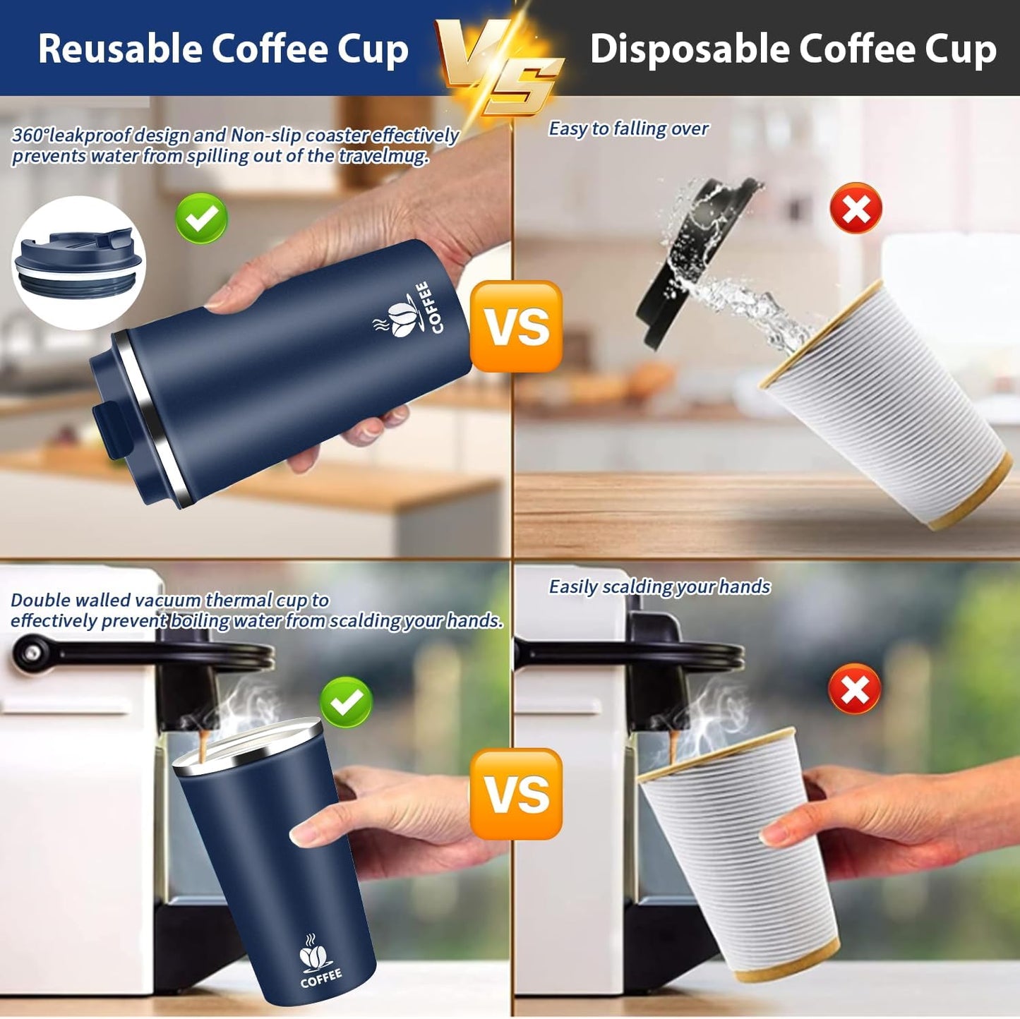 Insulated Travel Coffee Mug Reusable Coffee Tumbler Cup with Flip Lid Leak Proof Spill Proof for Office School Party Camping Hot and Cold Drink,Stainless Steel 17oz (Black)