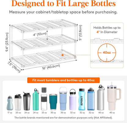 Lifewit Stackable Bottle Storage Organizer, Clear Freestanding Wine Holder for Cabinet, Large Slot Water Bottle Tumbler Cup Organizer for Pantry, Plastic Wine Rack for Fridge Cellar, 3Tier Hold 9