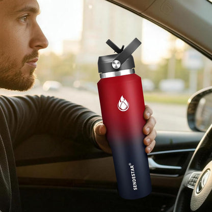 SENDESTAR 40oz Water Bottle Wide Mouth Stainless Steel Vacuum Insulated Double Wall with Straw Lids Fit in Any Car Cup Holder