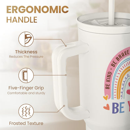 Floral Tumbler with Handle 40oz, Stainless Steel Insulated Tumblers Coffee Travel Mug Cup with Straw, Flower Coffee Cup Gifts for Women Girls, Gift for Her on Christmas Birthday Mothers Day