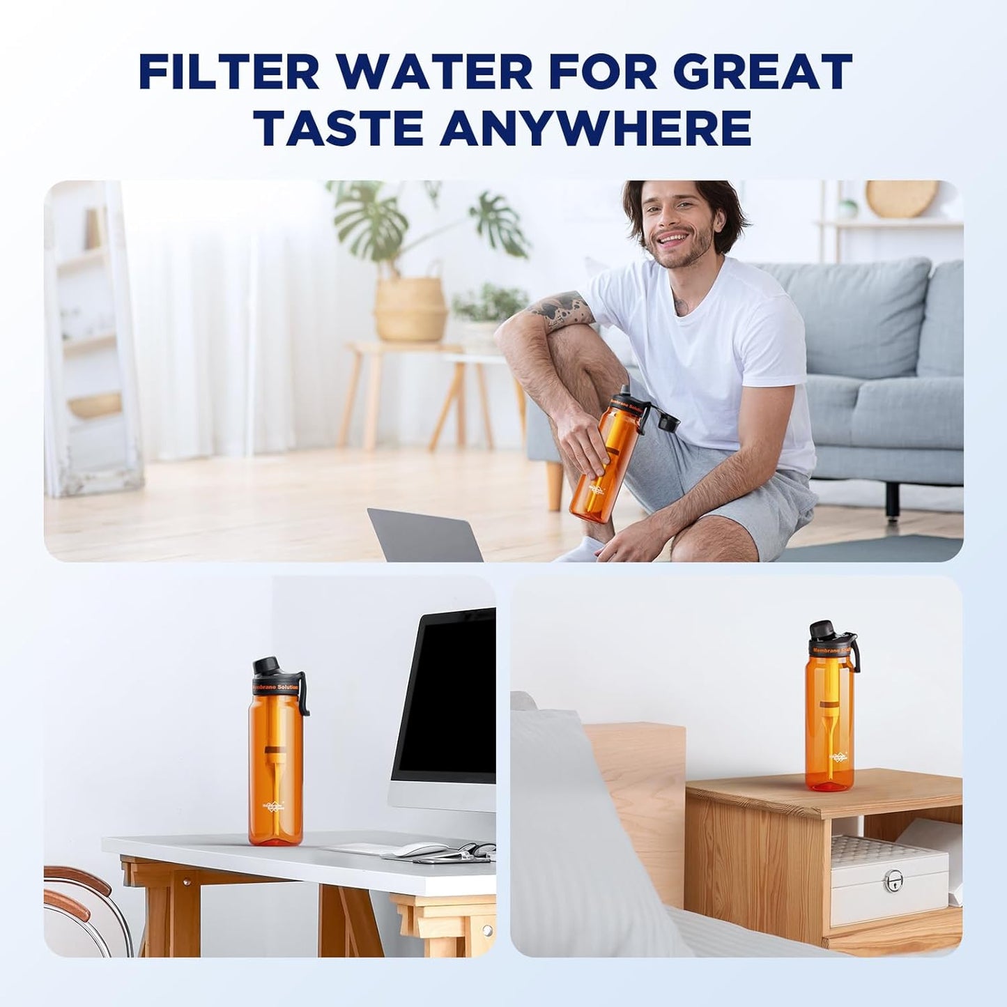 Filtered Water Bottle, Membrane Solutions C3 Water Bottle Filter with Replaceable ACFX2 Filter Cartridge, Portable Water Filter 36oz BPA-Free for Travel, Hiking & Camping Drinking use(Grey)