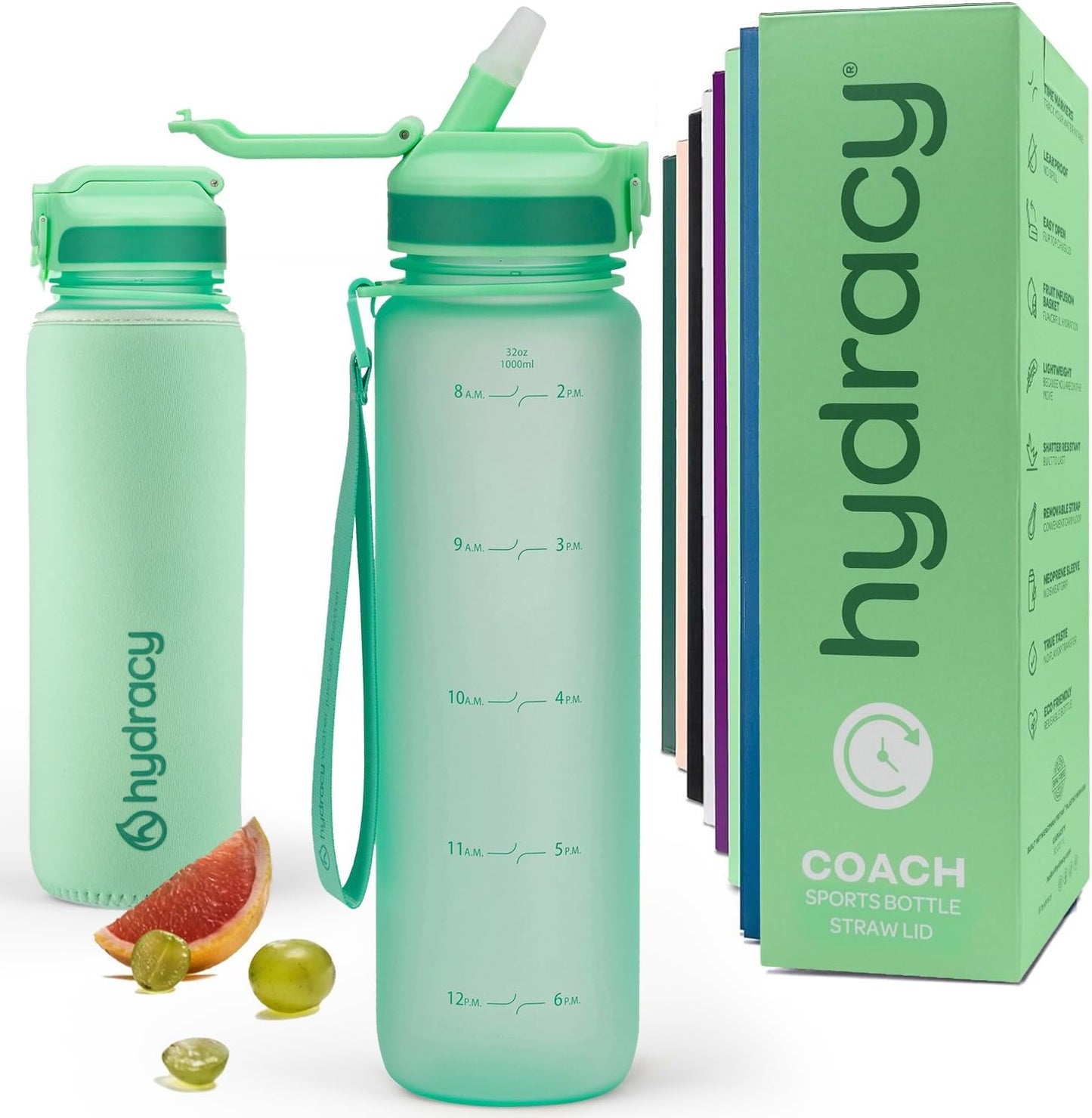 Hydracy Water Bottle with Time Marker -Large BPA Free Water Bottle & No Sweat Sleeve -Leak Proof Gym Bottle with Times to Drink - Ideal for Fitness Sports & Outdoors