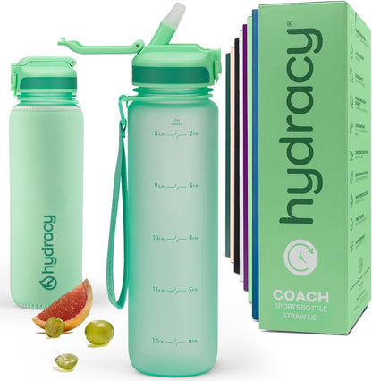 Hydracy Water Bottle with Time Marker -Large BPA Free Water Bottle & No Sweat Sleeve -Leak Proof Gym Bottle with Times to Drink - Ideal for Fitness Sports & Outdoors