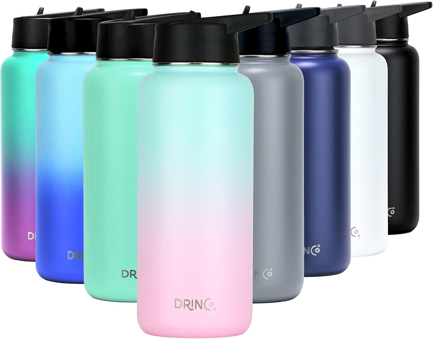 Drinco Stainless Steel Water Bottle Spout Lid Vacuum Insulated Double Wall Water Bottle Wide Mouth (40oz 32oz 22oz 18oz 14oz) Leak Proof Keep Cold Sport Camping Hiking (22 oz, 22oz Black)