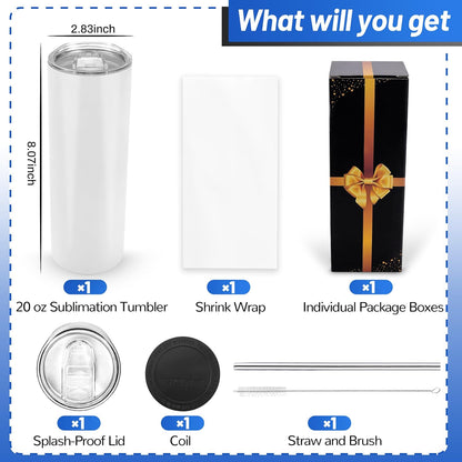 Joyclub Sublimation Tumblers Blanks 20 oz 10 Pack Skinny Straight Tumblers Bulk Stainless Steel Insulated Sublimation Cups with Lid and Straw, Gift Box