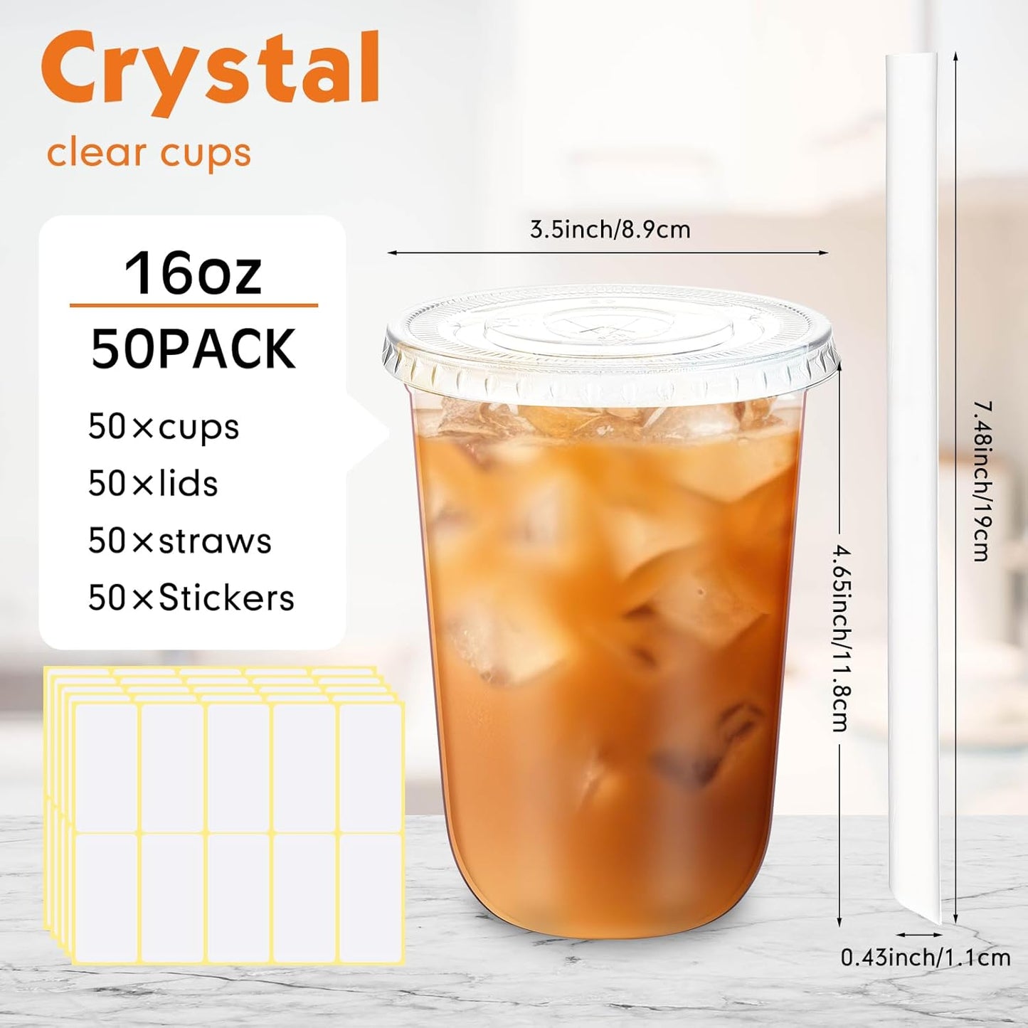 Ziliny 50 Sets Crystal Clear Plastic Cups with Lids, Straws and Stickers, Disposable Iced Coffee Cups Thickened PET for Iced Coffee, Bubble BobaTea, Smoothie, Cold Drinks, Juice, Shops (12 oz)