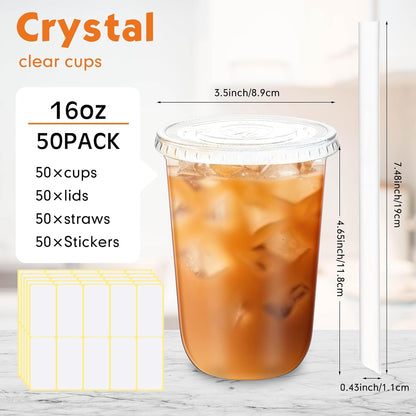 Ziliny 50 Sets Crystal Clear Plastic Cups with Lids, Straws and Stickers, Disposable Iced Coffee Cups Thickened PET for Iced Coffee, Bubble BobaTea, Smoothie, Cold Drinks, Juice, Shops (12 oz)
