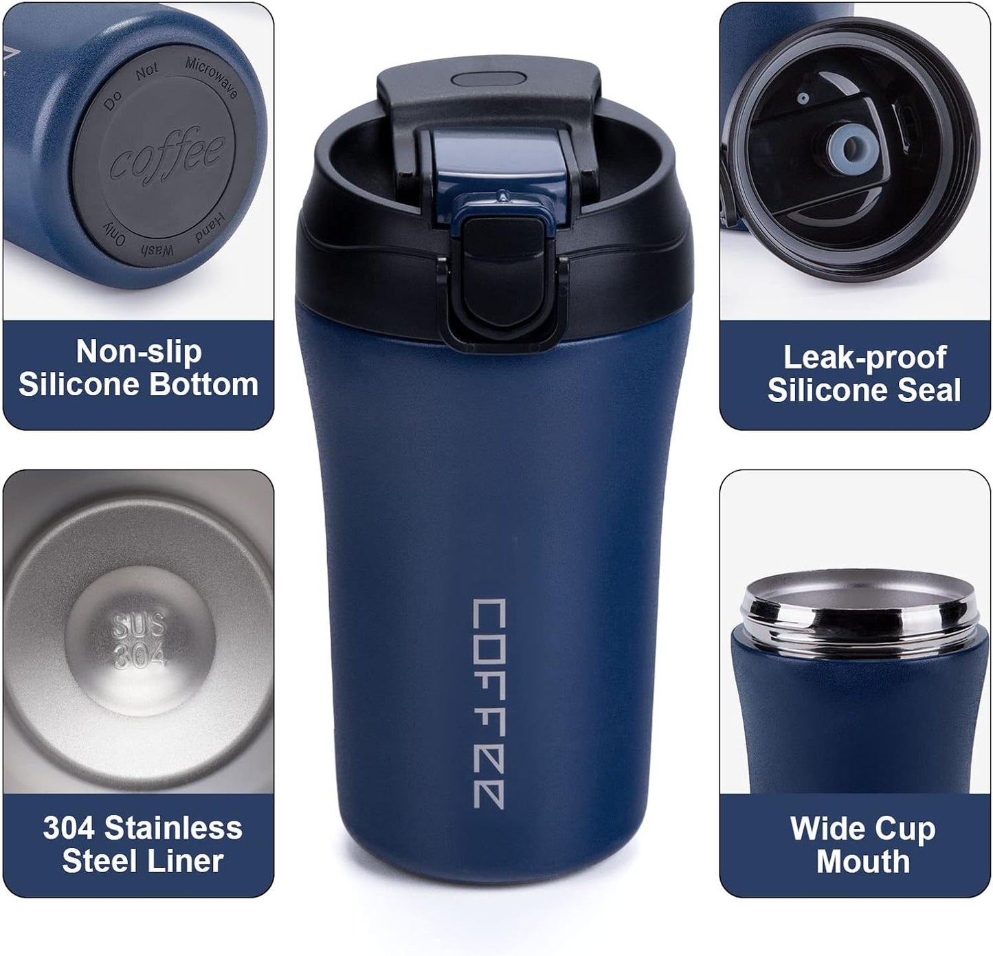 14 oz Travel Coffee Mug, 2 Pack Vacuum Insulated Coffee Travel Mug Spill Proof with Lid and Straw, Stainless Steel Reusable Coffee Tumbler for Hot and Cold Drinks, Gift for Men and Women(Black Grey)
