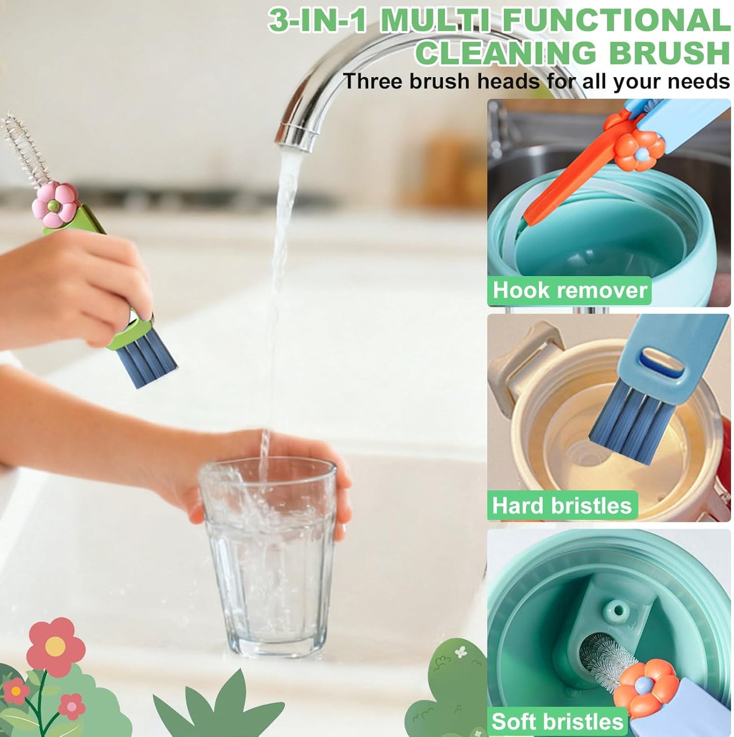 3 in 1 Cup Lid Cleaning Brush, Portable Water Bottle Brush, Multifunctional Bottle Cleaner Brush Set for Tight Spaces, Bottle Gaps, Tumblers, Travel Mug Caps(3 PCS)