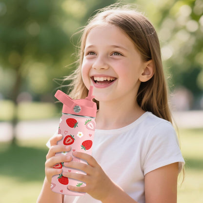 Strawberry Gifts for Kids - 16oz Pink Kids Water Bottle with Straw Lid, Stainless Steel Insulated Water Bottle, Leakproof, BPA-Free, for Girls, School, Strawberry Lover Children Birthday Gift Cup(1pc)