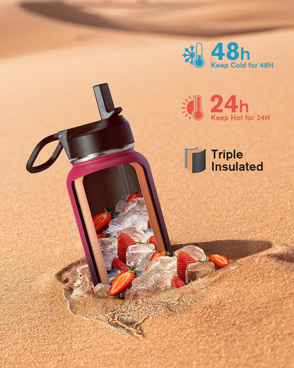 Half Gallon Water Bottle Insulated with Straw & 3 Lids, Coolflask 64 oz Water Jug Large Metal Stainless Steel Wide Mouth for Sports, Gym or Office, Non-BPA Keep Cold 48H Hot 24H, Samurai Cyan