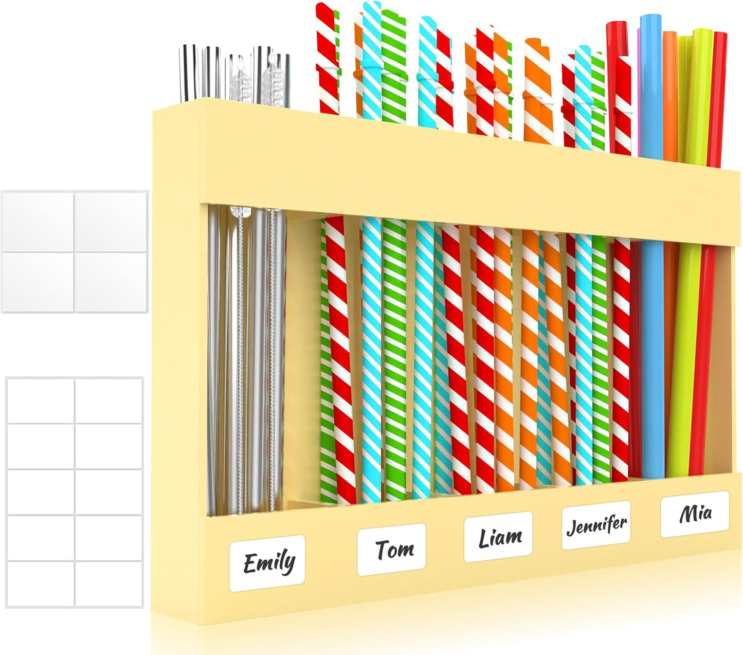 9.5” Large Acrylic Straw Holder for Cabinet Door with Detachable Ultra Sticky Adhesive Squares and Stickers, 2026 Reusable Straws Organizer Storage Dispenser for Kitchen Counter Cupboard