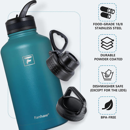Fanhaw 40 oz Insulated Water Bottle – Stainless Steel Flask with 3 Lids (Straw, Spout, Carabiner) | Durable, Leakproof, for Hiking, Camping, Outdoor Adventures & Travel (Green Blue)