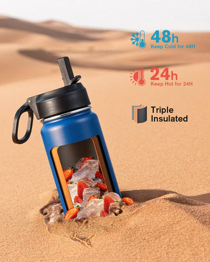 Half Gallon Water Bottle Insulated with Straw & 3 Lids, Coolflask 64 oz Water Jug Large Metal Stainless Steel Wide Mouth for Sports, Gym or Office, Non-BPA Keep Cold 48H Hot 24H, Samurai Cyan