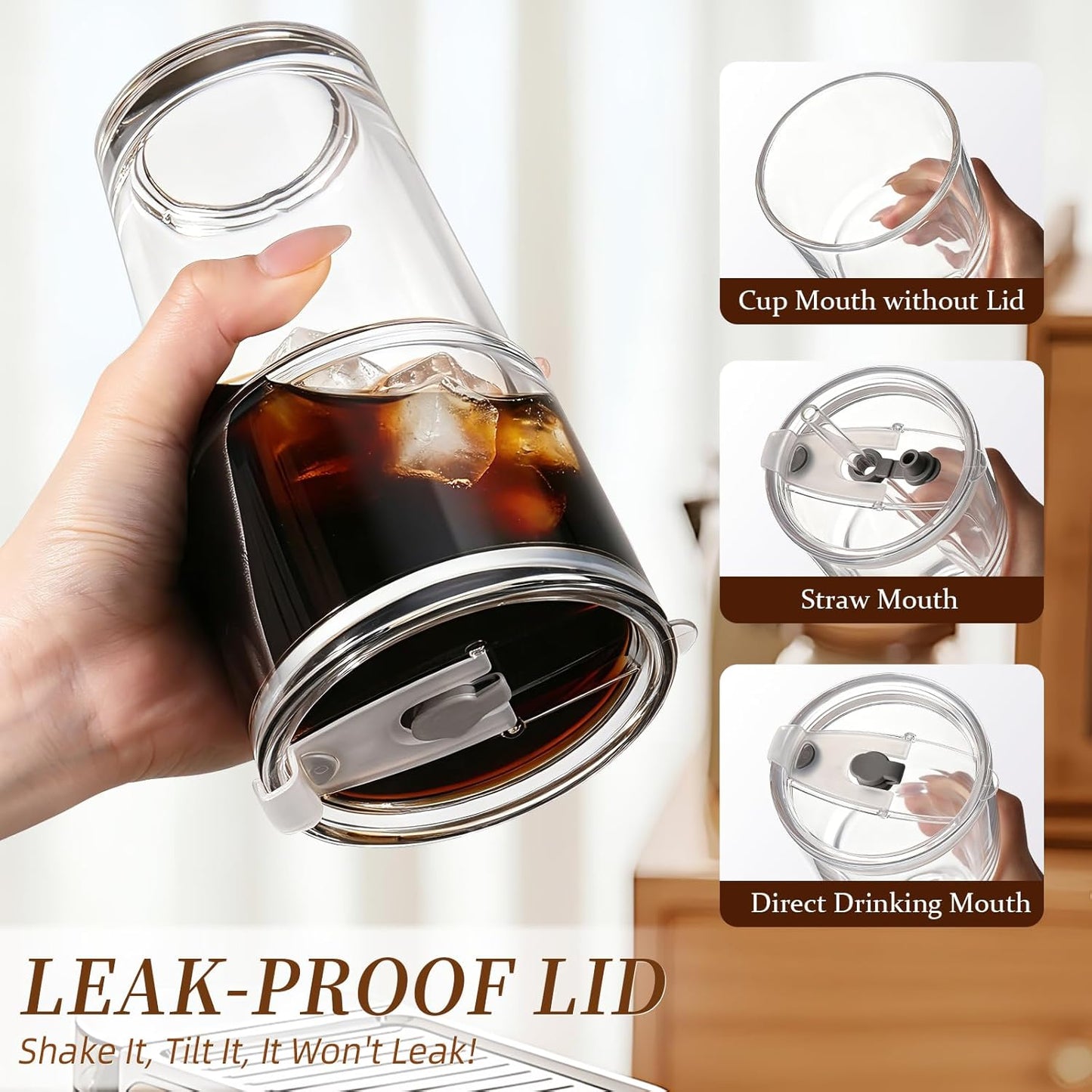 Iced Coffee Cups with Lids: Coffee Bar Accessories - Ribbed Glass Tumbler with Straw and Lid 4Pcs - 20oz Leak Proof Tumbler - Reusable Glass Cups and Tumblers with Lid and Straws for To Go Iced Coffee