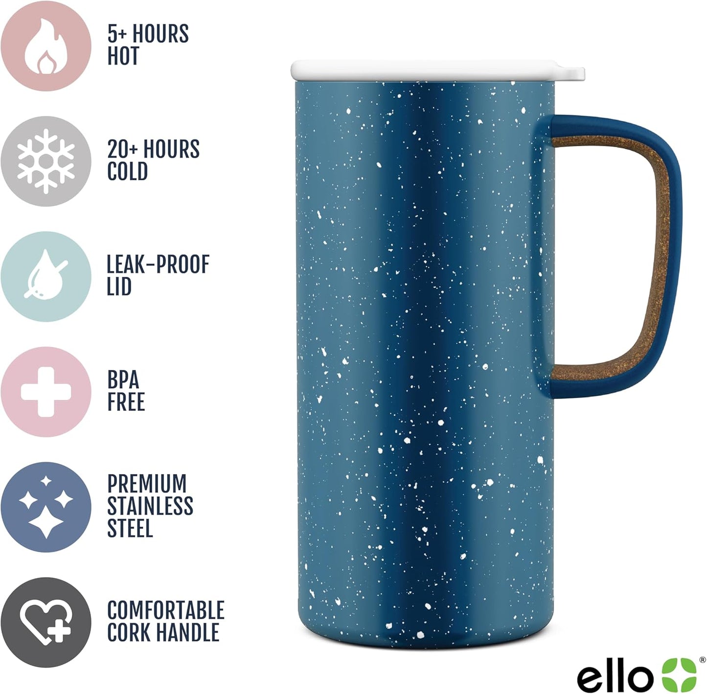 Ello Campy 18oz Stainless Steel Travel Mug with Handle and Leak Proof Lid | Vacuum Insulated Coffee Cup for Hot or Cold Drinks | Reusable, BPA Free | Gift for Coffee Lovers, Matte Black