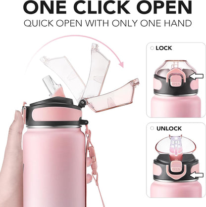 Enerbone 24 oz Insulated Water Bottle, Stainless Steel Bottle with Carrying Strap, Double-Wall Vacuum Insulation Design, Leakproof Sports Bottle with Straw, Keep Drinks Cold or Hot for Hours