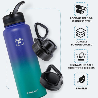 Fanhaw 40 oz Insulated Water Bottle – Stainless Steel Flask with 3 Lids (Straw, Spout, Carabiner) | Durable, Leakproof, for Hiking, Camping, Outdoor Adventures & Travel (Green Blue)