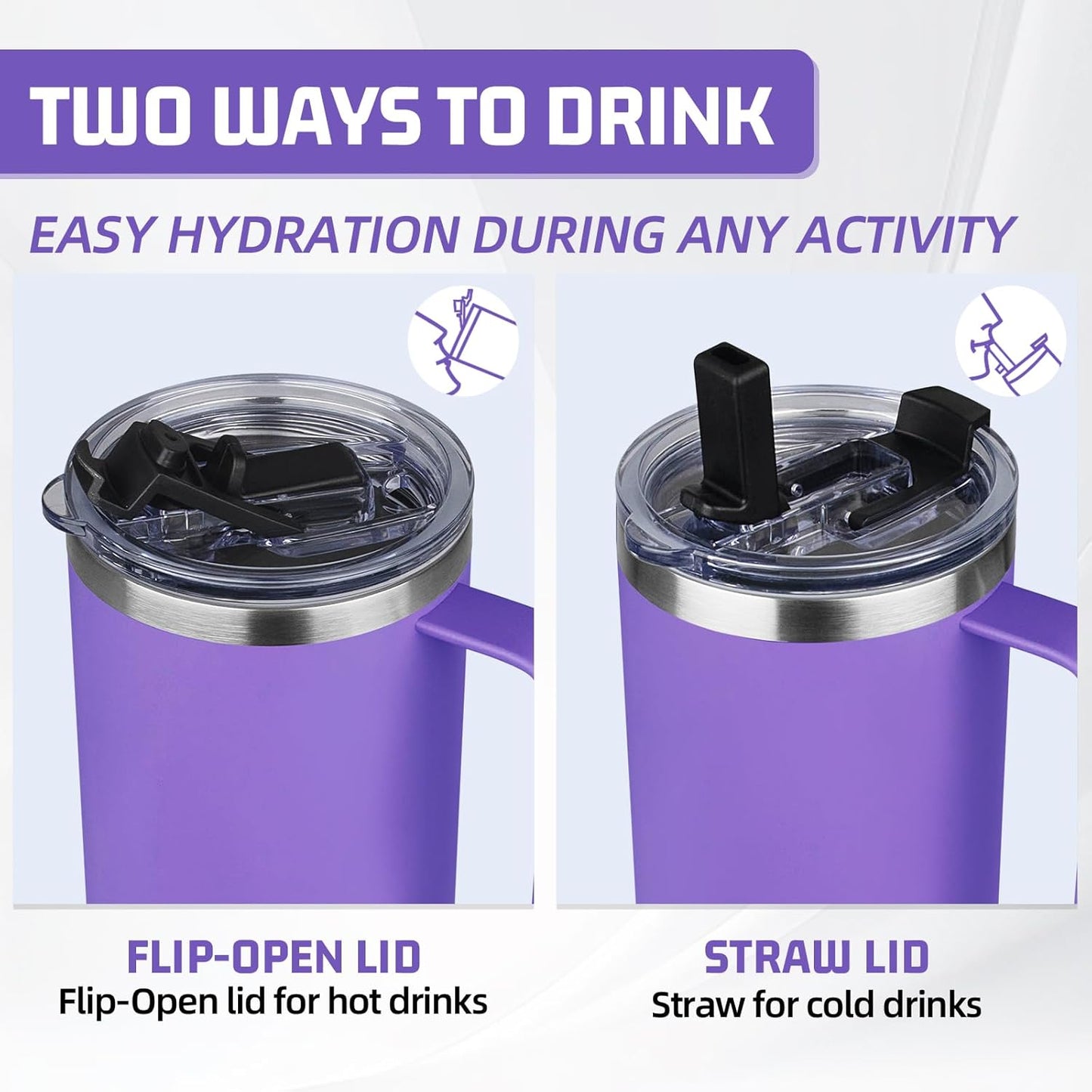 20 oz Tumbler with Handle, Stainless Steel Insulated Tumbler with Lid and Straw, Double Wall Vacuum Coffee Mug Tumbler, Insulated Coffee Thermal Cup for Cold and Hot (Light Purple)