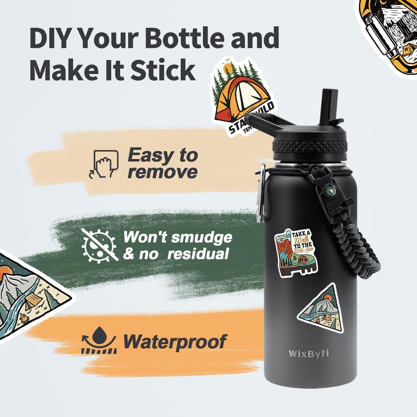 WixByti 40 oz Insulated Water Bottle with Straw (Cold for 36 Hrs), Stainless Steel Triple Wall Vacuum Sports Water Jug, Leakproof Hydro Cup Flask with Paracord Handle & Straw Spout Lids & DIY Stickers