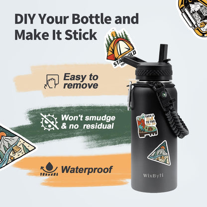 WixByti 40 oz Insulated Water Bottle with Straw (Cold for 36 Hrs), Stainless Steel Triple Wall Vacuum Sports Water Jug, Leakproof Hydro Cup Flask with Paracord Handle & Straw Spout Lids & DIY Stickers